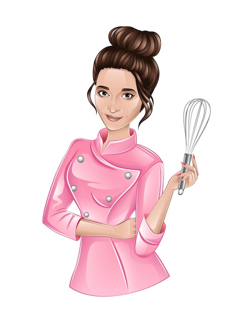 Plik wektorowy realistyczna przyjazna kobieta szef kuchni trzymająca trzepaczkę w ręku. uśmiechnięta piękna brunetka w żeńskim różowym kucharzu