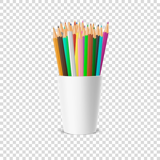 realistyczna pusta plastikowa podstawka pod kubek z zestawem kolorowych ołówków. Zbliżenie na przezroczystości siatki tle. szablon, clipart lub grafika - sieć, aplikacja. Przedni widok