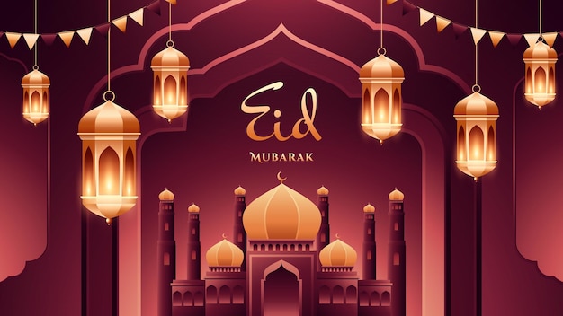 Realistyczna scena świętowania Eid Mubarak z światłem latarni i ozdobionym meczetem
