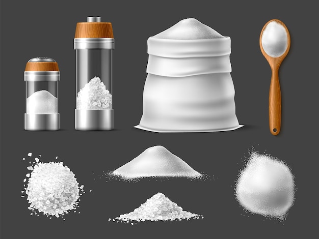 Realistyczna sól Biała sól morska naturalny składnik gotowania kryształy i stosy proszku boczny i górny widok shaker i drewniana łyżka przyprawy produkt 3d izolowane elementy komplet wektorowy