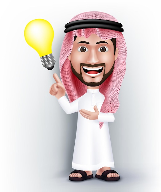 Realistyczna Uśmiechnięta Postać Przystojnego Araba Saudyjskiego W 3d Pozuje W Sukience Thobe