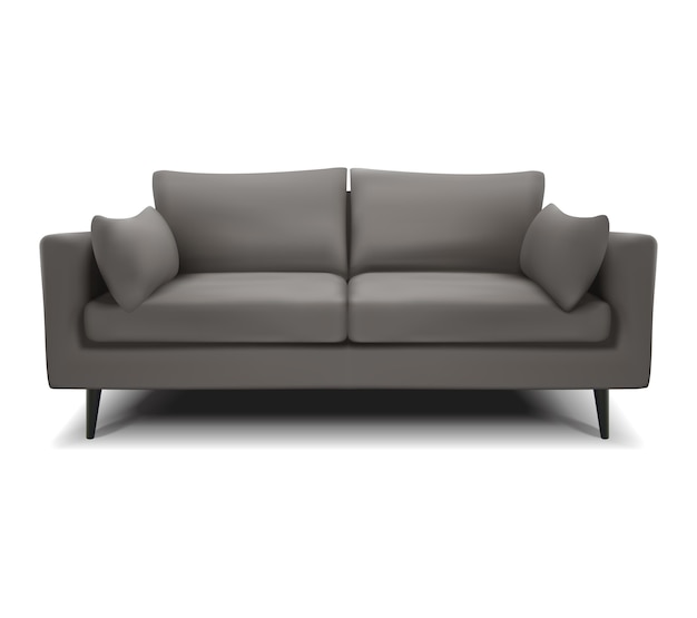 realistyczna wektor szara sofa, kanapa na białym