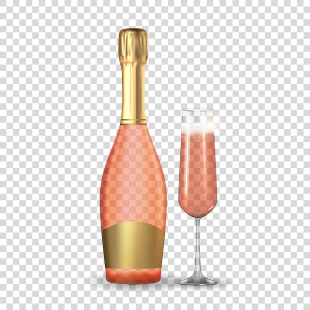 Realistyczne 3d szampan Rose różowy i złoty butelka i ikona szkła na białym tle