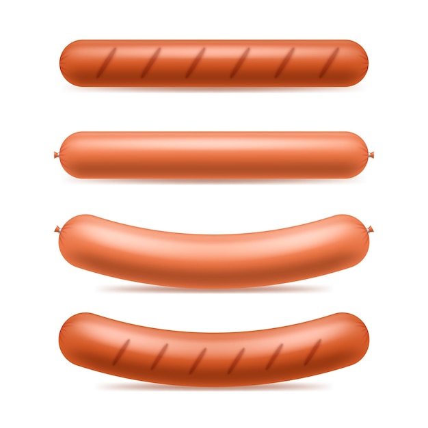 Realistyczne 3d Szczegółowe kiełbaski Set mięsa Wieprzowina Grill gotowany Gorący Grill Niezdrowe jedzenie Ilustracja wektorowa kiełbasy