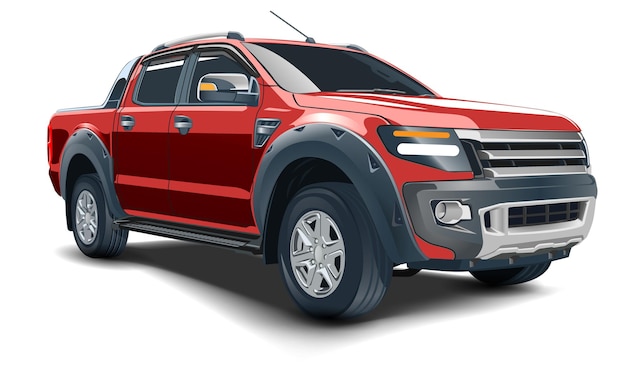Realistyczne 3D wektor czerwony pickup cztery drzwi na białym tle