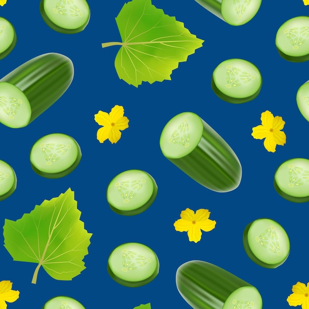 Plik wektorowy realistyczne 3d zielony surowy cały ogórek plastry kwiatów i liści wzór tła dla ilustracji wektorowych rynku sałatek