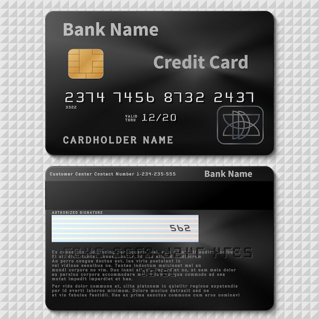 Plik wektorowy realistyczne czarny bank plastikowa karta kredytowa z chipem szablon na białym tle. kredytowa karta plastikowa, nazwa posiadacza karty bankowej