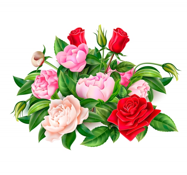 realistyczne czerwone kwiaty róży, różowe i białe kwiaty piwonii elegancki bukiet z zielonymi liśćmi