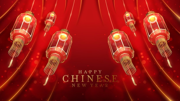 Realistyczne Czerwone Lampiony Chińskiego Nowego Roku Ze Złotymi Elementami Linii Krzywej I Dekoracjami Efektów świetlnych