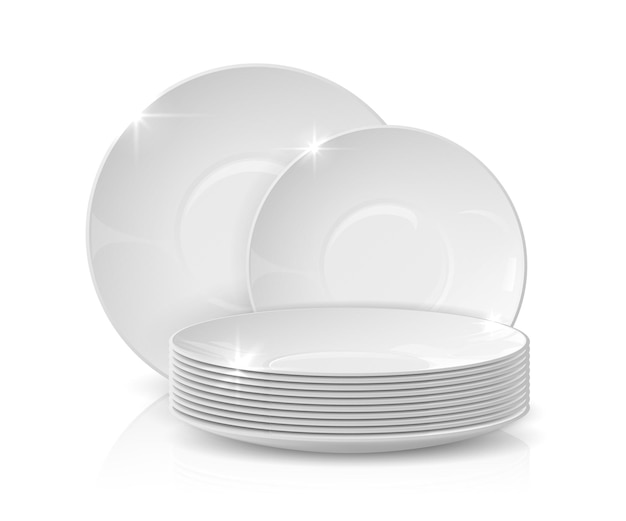 realistyczne dania. stos talerzy i misek, 3d białe ceramiczne naczynia, na białym tle makieta naczyń