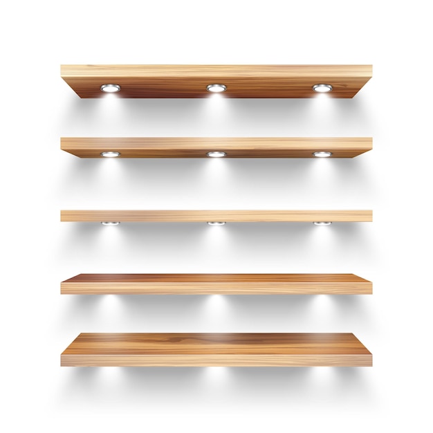Realistyczne Drewniane Półki Sklepowe Z Oświetleniem Reflektorów Puste Półki Produktów Sklep Spożywczy Na ścianie Centrum Handlowe