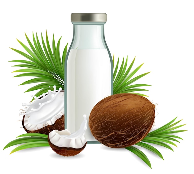 Realistyczne Ilustracja Wektorowa Ekologicznego Mleka Kokosowego Bez Nabiału