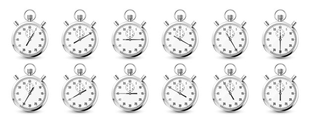 Plik wektorowy realistyczne klasyczne ikony zegarka stopowego błyszczący metalowy chronometr z licznikiem do odliczania