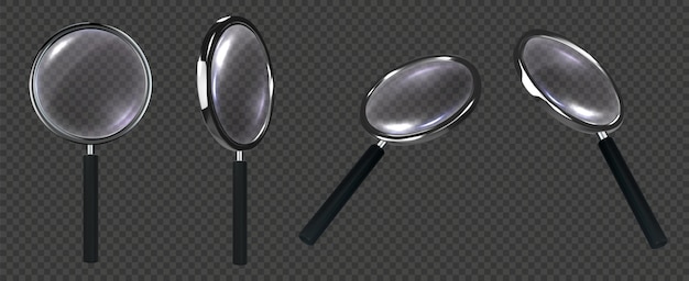 Realistyczne lupy 3D Szukaj szkła powiększającego z czarną rękawicą, metalową ramą i przezroczystą soczewką szklaną