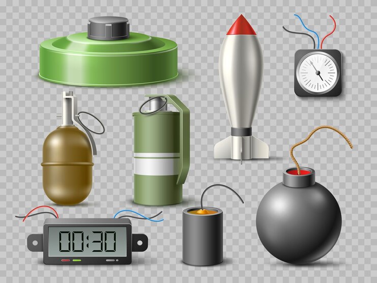Wektor realistyczne materiały wybuchowe broń masowej porażki niebezpieczne przedmioty wojenne różne bomby dynamit mina rakieta i granat ręczny okrągła klasyczna bomba z bezpiecznikiem i zegarem wektorowy zestaw wojskowy 3d