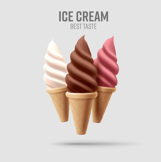 Realistyczne miękkie lody w waflowym stożku Miękkie lodo 3D wektorowe amerykańskie sundae swirl