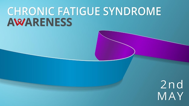 Realistyczne Niebieskie I Fioletowe Wstążki. Plakat Miesiąca Zespołu Chronicznego Zmęczenia świadomości. Ilustracja Wektorowa. Koncepcja Solidarności światowego Dnia Cfs. Niebieskie Tło.