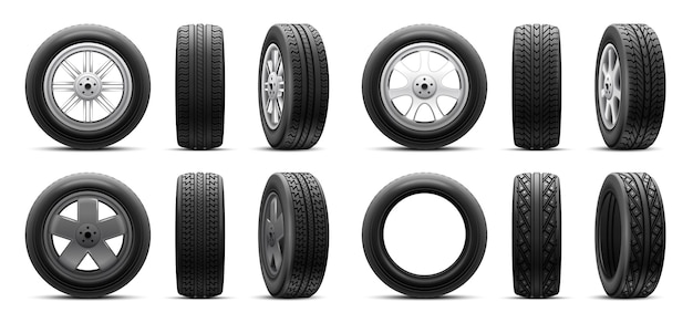 Realistyczne opony 3D opony zimowe lub letnie opony samochodowe opony gumowe z odizolowanym dyskiem stopowym nowe opony renderują usługi motoryzacyjne reklamy konsumenckie koło ciężarówki ilustracja wektorowa