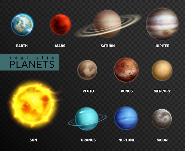 Wektor realistyczne planety. układ słoneczny planeta wszechświat galaktyka słońce księżyc saturn rtęć jowisz wenus kometa uran pluton