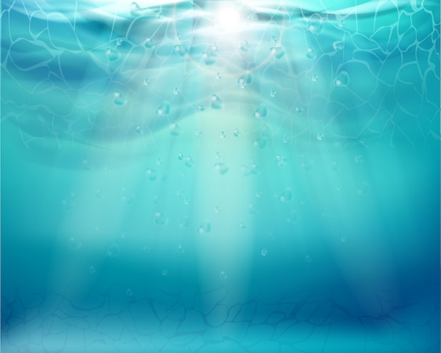 Plik wektorowy realistyczne podwodne tło i głęboka woda oceanu z promieniami słońca. koncepcja powierzchni wody. ilustracja