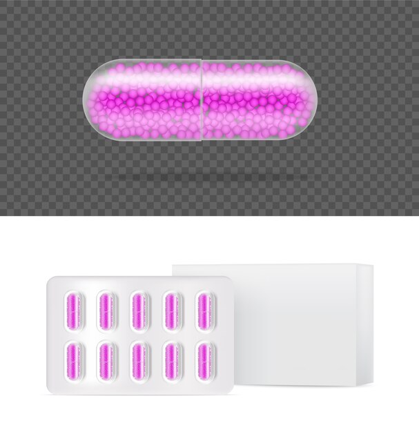 Realistyczne Przezroczyste Kapsułki Medycyny Pigułki Na Białym Tle Ilustracji. Tabletki Medyczne I Koncepcja Zdrowia.