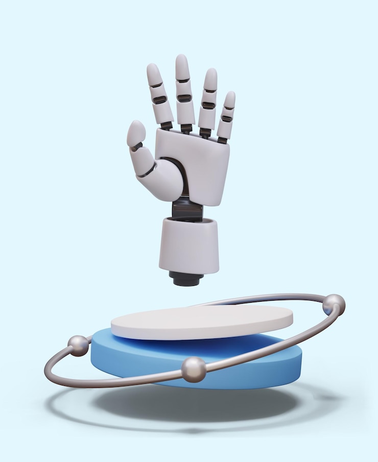 Wektor realistyczne ramię robotowe na okrągłej platformie szczegółowy automatyczny manipulator
