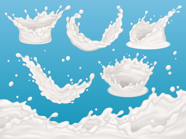 Realistyczne Rozpryski Mleka Elementy Jogurtu Lub śmietany Rozpryski Zestaw Ilustracji Wektorowych Produktów Mlecznych Rozpryski Mleka W Różnych Kształtach Krzywy Biały Płyn Z Kroplami Płynącymi Napoju