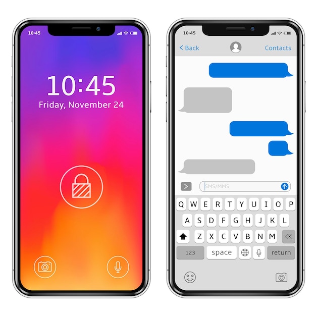 Plik wektorowy realistyczne smartfony z ekranem blokady i mobilnym komunikatorem czatu