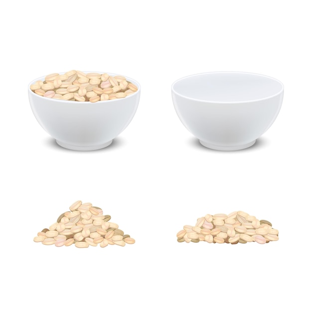 Plik wektorowy realistyczne szczegółowe 3d płatki owsiane śniadanie i biała ceramiczna miska śniadanie koncepcja zdrowej owsianki zbliżenie widok ilustracja wektora zbóż