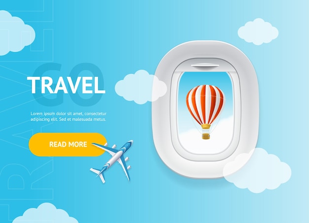 Realistyczne Szczegółowe 3d Podróże I Turystyka Transparent Karta Pozioma Z Oknem Samolotu I Ilustracji Wektorowych Balon Na Ogrzane Powietrze