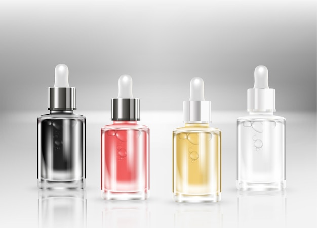 Realistyczne szczegółowe 3d pusta butelka perfum pusty szablon makieta zestaw różnych typów otwarte i zamknięte widok ilustracji wektorowych