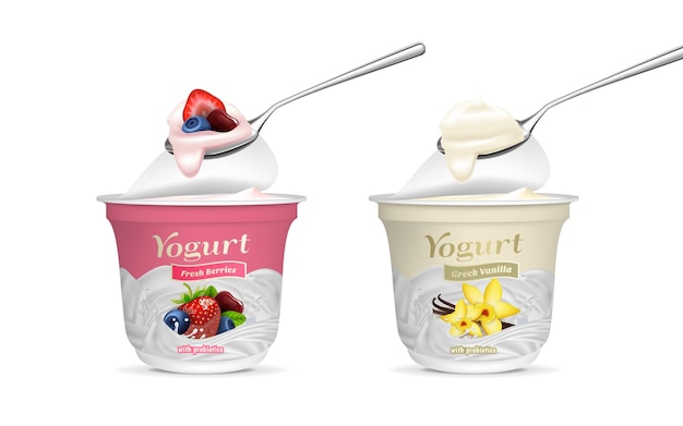 Realistyczne szczegółowe 3d świeże jagody i grecki smak wanilii jogurt z wektorem zestawu łyżki
