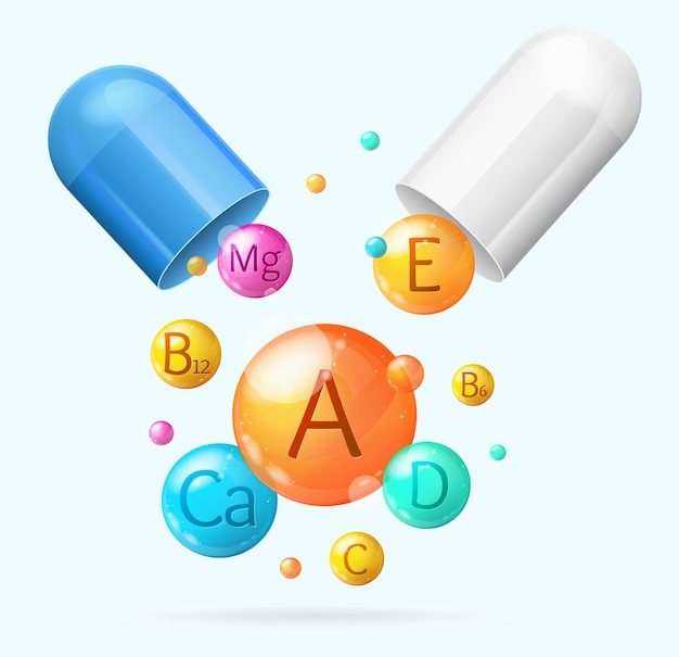 Realistyczne Szczegółowe 3d Witaminy I Minerały Z Wektorem Karty Tle Pigułki
