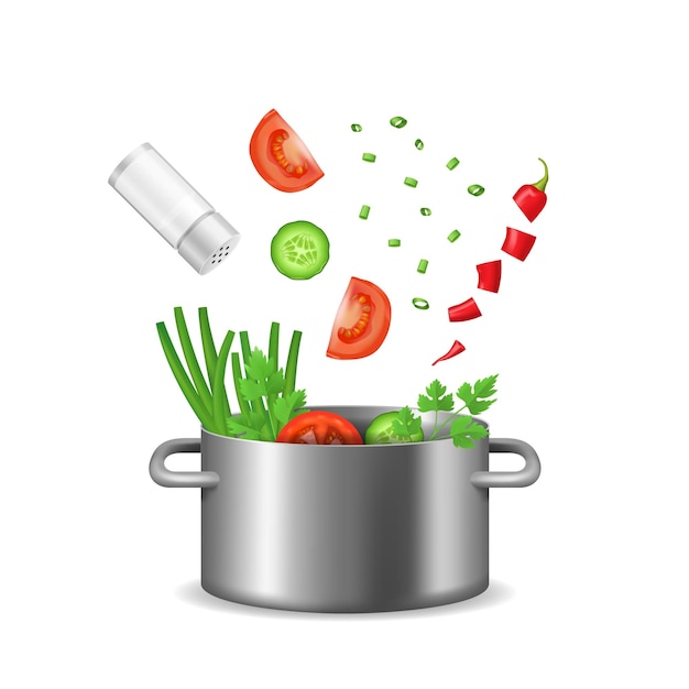 Plik wektorowy realistyczne szczegółowe składniki żywności 3d fly pot zawierają ilustrację wektorową pomidora, cebuli, pieprzu, pietruszki i zielonej ogórki