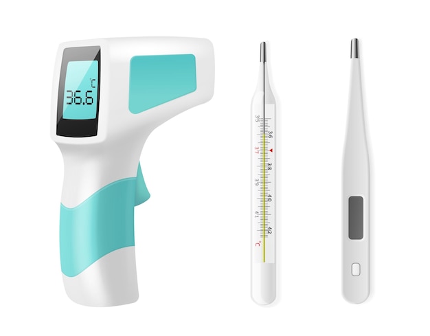 Realistyczne Termometry Różne Typy Urządzeń Medycznych Mierzących Temperaturę Ciała Ludzkiego, Rtęć, Elektroniczne I Bezkontaktowe Instrument Medyczny Do Zestawu Izolowanego Wektora Diagnostycznego