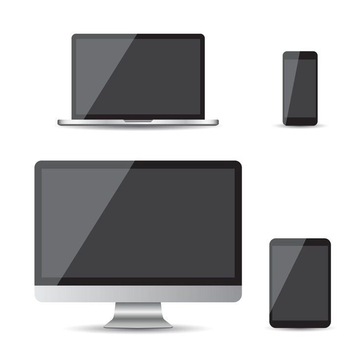 Wektor realistyczne urządzenia płaskie ikony smartfony tablety laptopy i komputery stacjonarne ilustracja wektorowa na białym tle