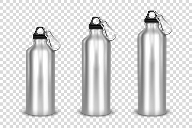 Realistyczny 3d Mały średni Duży Srebrny Pusta Błyszcząca Metalowa Butelka Na Wodę Z Zestawem Ikon Czarnego Korka