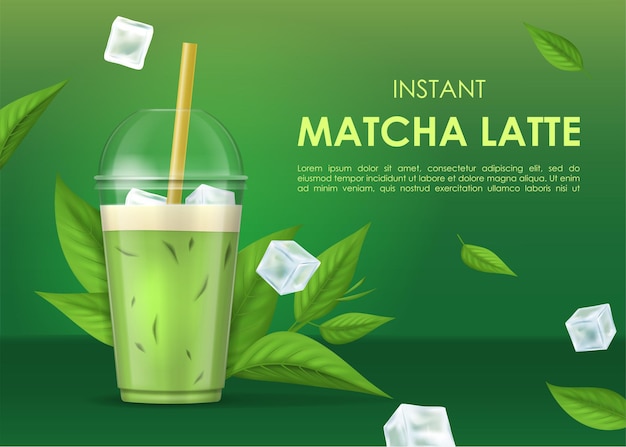 Realistyczny 3d Szczegółowe Instant Matcha Latte Ad Concept Card Tło Wektor