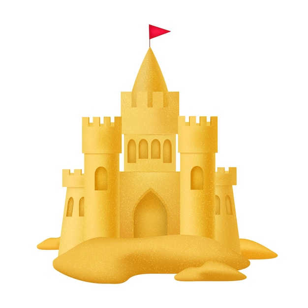 Plik wektorowy realistyczny 3d szczegółowy zamek piaskowy z flagą symbol zabawy wakacji lub wakacji na plaży wektorowa ilustracja zamku piaskowego