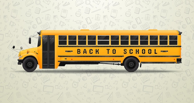 Realistyczny autobus szkolny z napisem z powrotem do szkoły na tle z przyborami edukacyjnymi.
