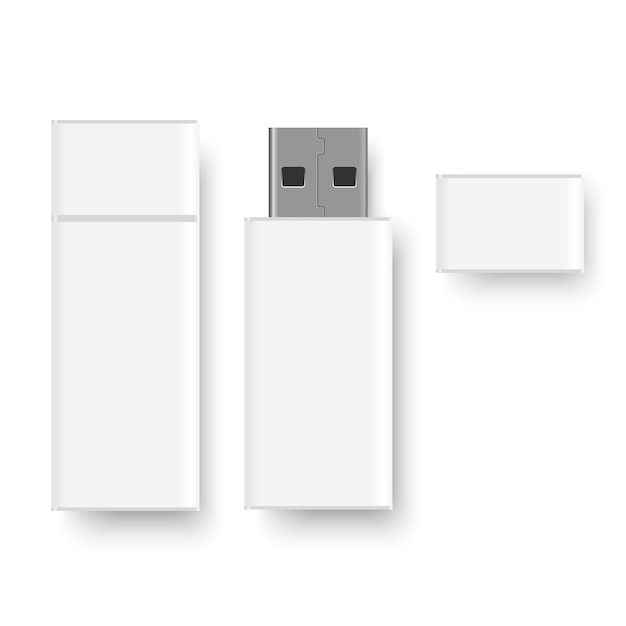 Realistyczny biały dysk flash USB z zaślepką.
