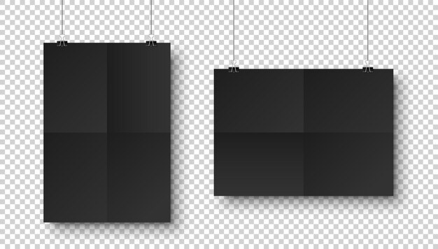 Plik wektorowy realistyczny czarny wiszący pusty arkusz papieru z cieniem w formacie i spinaczem na