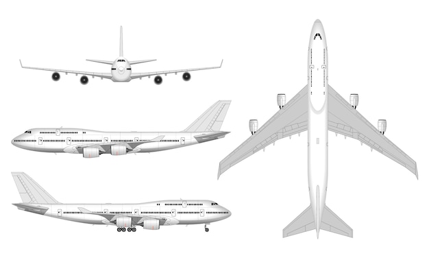 Plik wektorowy realistyczny duży samolot pasażerski. widok z góry; przedni widok; widok z boku.