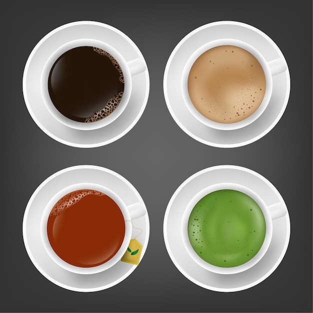 Realistyczny Gorący Napój Americano, Kawa Latte, Czarna Herbata, Zielona Herbata Matcha W Białej Filiżance