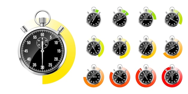 Plik wektorowy realistyczny klasyczny stoper błyszczący metalowy chronometr czarny licznik czasu z kolorowe odliczanie
