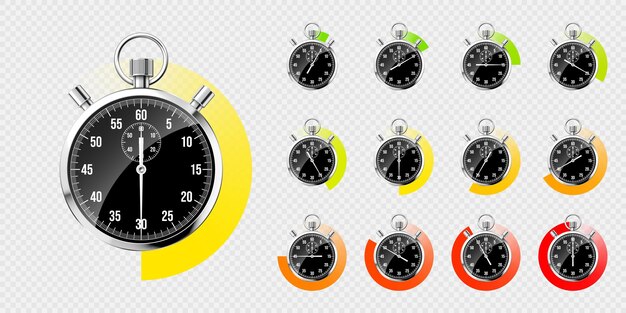 Plik wektorowy realistyczny klasyczny stoper błyszczący metalowy chronometr czarny licznik czasu z kolorowym odliczaniem na tarczy