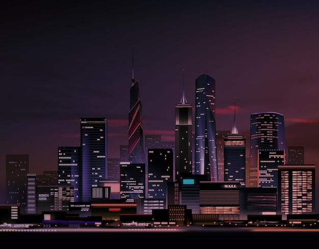 realistyczny nocny krajobraz miasta z drapaczami chmur