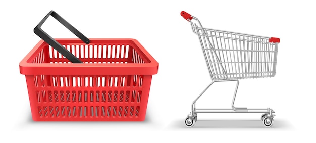 Realistyczny plastikowy koszyk na zakupy i wózek do przewożenia produktów w sklepie detalicznym w supermarkecie lub hipermarkecie Towary i obiekty handlowe 3d ilustracji wektorowych