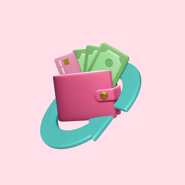 Plik wektorowy realistyczny portfel z kreskówek 3d z papierowymi dolarami i różową kartą kredytową i strzałką wokół