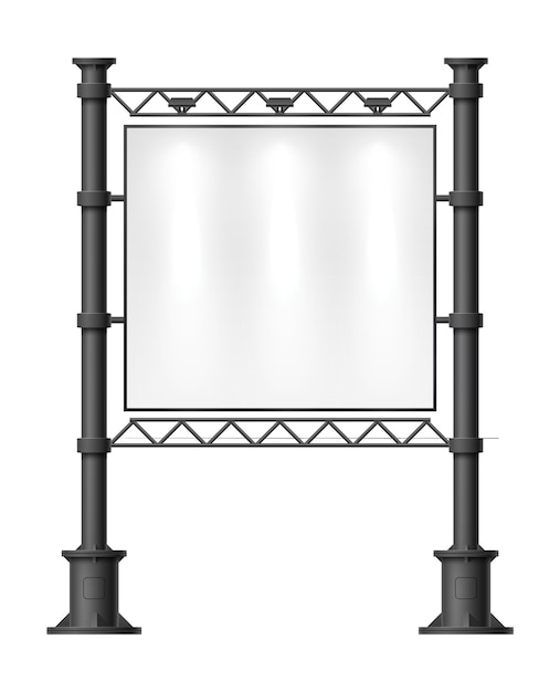 Realistyczny pusty billboard miasta Tablica reklamowa Oznakowanie drogowe makieta Stoisko uliczne z reflektorami Miejsce na reklamę reklamową Wektor reklamy afisz deska widok z przodu